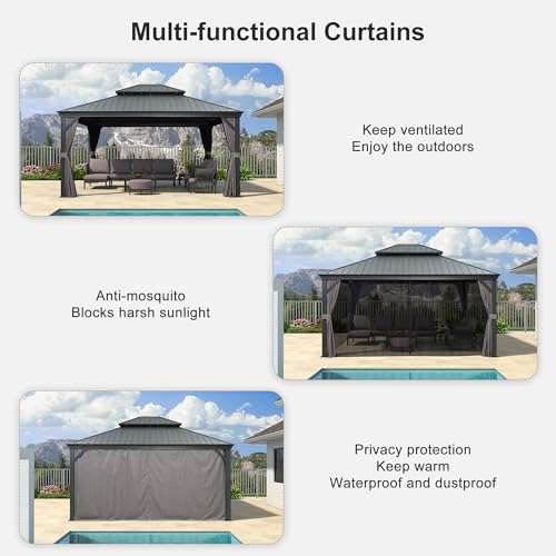 PURPLE LEAF 11' X 14' Hardtop Gazebo with Light Galvanized Steel Double Roof Outdoor Gazebo for Patio Lawn and Garden Curtains and Netting Included Grey PURPLE LEAF