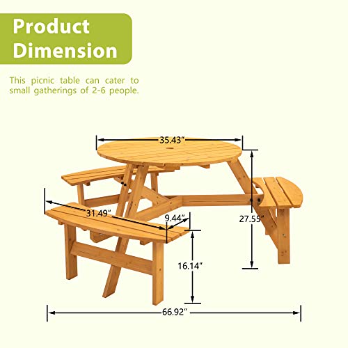 Ufurpie 6 Person Round Picnic Table,Outdoor Wooden Round Picnic Tables w/3 Built-in Benches,Umbrella Hole,Outside Table and Bench Set for Ufurpie