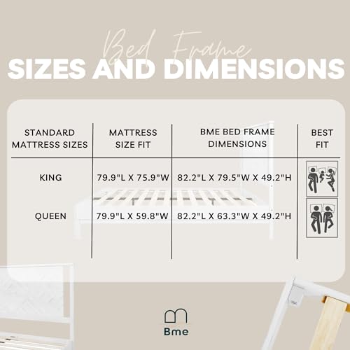 Bme Ethan Solid Wood King Bed Frame with Diamond Headboard - Rustic & Mid-Century Modern - Acacia Wood Platform Bed - Compatible with All Mattresses - No Box Spring Needed - Rustic White Bme