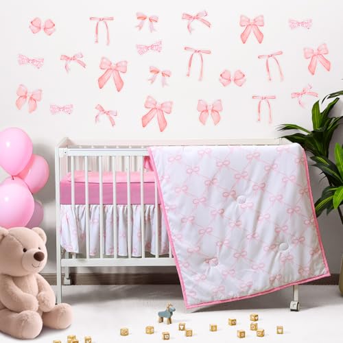 SmoothNovelty 5 Pcs Pink Bow Crib Bedding Set Include Print Crib Sheets Bed Skirt Comforter Pad Cover Wall Stickers for Girls Princess Nursery Room Decoration SmoothNovelty