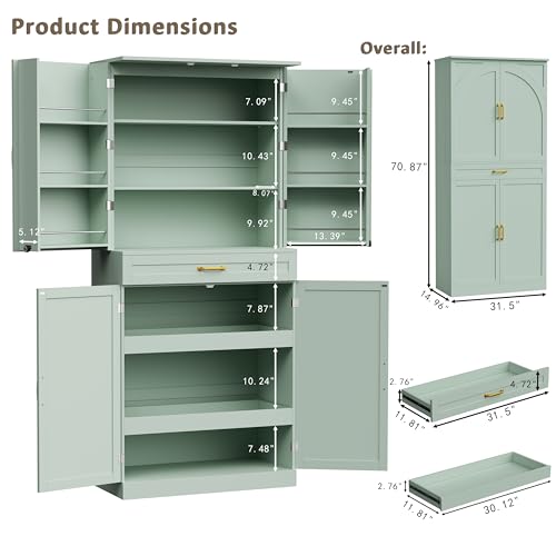 HQZX 71’’ Tall Kitchen Pantry Cabinet, Pantry Storage Cabinet with 6 Doors Shelves, Large Drawer & 2 Pull Out Shelves, Freestanding Cupboard for Kitchen, Dining Room, Green HQZX