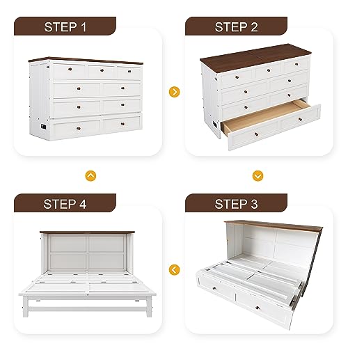 Full Size Solid Pine Murphy Bed Chest with Charging Station and Large Storage Drawe,Folding Feature Perfect for Home Office or Small Room. Brabrety
