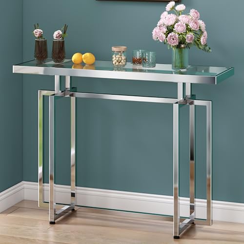 ASYA Glass Console Table for Entryway, Modern Entryway Table with Tempered Glass & Chrome Frame, Silver Sofa Table for Living Room Hallway ASYA