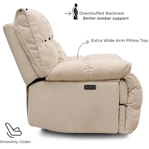 Power Glider Rocker Recliner Chair 360° Swivel Electric Lay-Flat Motion Seating Overstuffed Pillow-Top Arms Plush High Back Lumbar Support USB Charging Ports Smooth Quiet Motor (Cream White) WEALTHKING