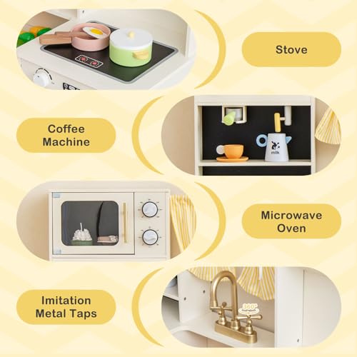 INFANS Kids Kitchen Playset, Cooking Toy Kitchen Set with Coffee Machine Stove Removable Sink Microwave Storage Cabinet, Simulation Wooden Play Kitchen for Toddler Boys Girls (Cream White) INFANS
