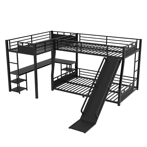 MERITLINE Full Over Full(XL) L-Shaped Metal Bunk Bed with Desk and Slide, Heavy Duty Triple Bunk Bed with Storage Shelves, L-Shaped Bunk Bed for Teens Adults, Space Saving and Quiet Design, Black MERITLINE