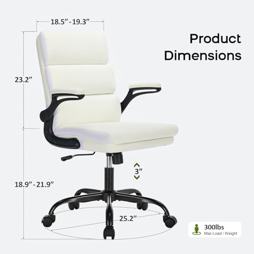 Office Chair Adjustable Desk Chair Mid Back Executive Comfortable Bonded Leather Ergonomic Back Support Home Computer Chair with Padded Flip-up Armrest Swivel Wheels (White) amseatec