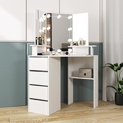 Vabches Corner Vanity Desk with Lighted Mirror & Power Strip,White Makeup Vanity Table with Lights,42 inch Corner Vanity Mirror with Lights and 4 Drawer, 3 Lighting Modes, Brightness Adjustable Vabches