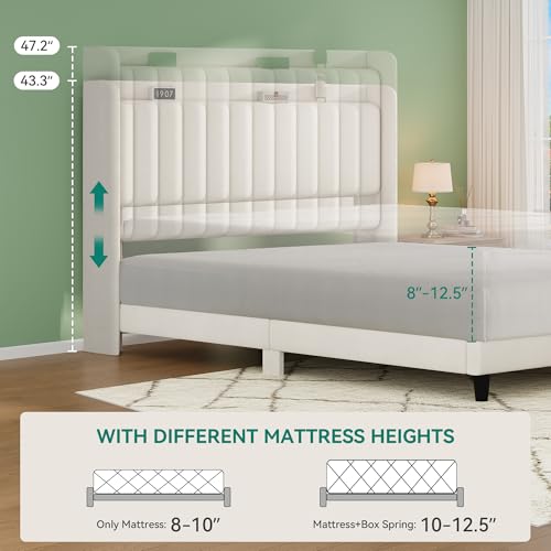 YITAHOME Queen Bed Frame with Adjustable Velvet Wingback Headboard 43.3"-47.4", Upholstered Platform Bed with LED Lights, Solid Wood Slat Support, No Box Spring Needed,Beige YITAHOME