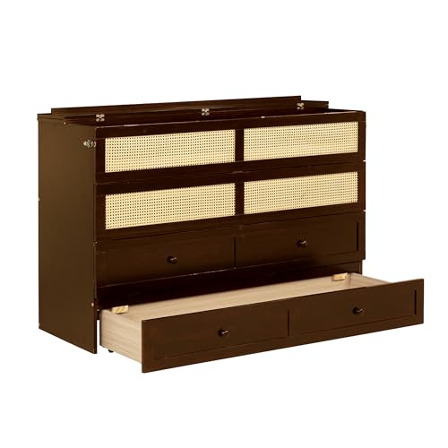 KALALLA Retro Rattan Queen Size Murphy Bed Cabinet with Storage Drawers, Hidden Foldable Platform Bed, Space Saving for Small Room, Kids Adults Guest, Walnut KALALLA