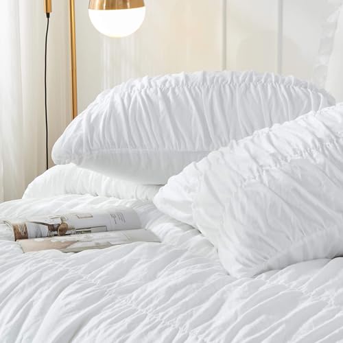 Bonlino Queen Comforter Set White Bedding - Ruched Comforter Queen Size Bed Set Boho Shabby Chic Bedding for Bedroom Comforter Fluffy 3 Piece Ruffle Comforter Set with Pillow White Soft Bonlino