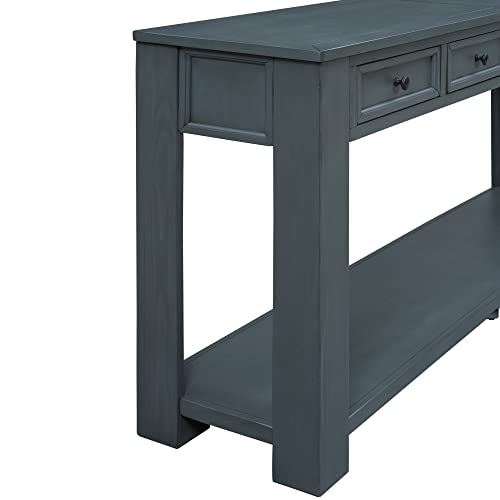 Knocbel Console Table with 4 Storage Drawers Bottom Shelf, Rustic Distressed Sofa Table for Entryway Hallway, Assembly Required, 63" W x 14" D x 30" H, Navy Knocbel