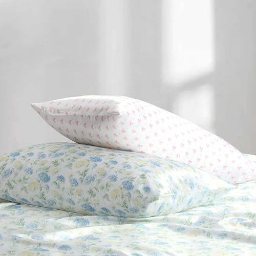 Laura Ashley - Full Size Sheet Set, Crisp & Cool Printed Satin Bedding with a Light and Breathable Feel, 4 Piece Bed Sheets with Deep Pocket Fitted Sheet & Matching Pillowcases (Edwina Blue) Laura Ashley
