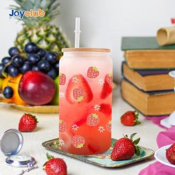 Joyclub 12 Pack Sublimation Glass Cups Blanks with Bamboo Lid 16 OZ Frosted Glass Beer Cans Mason Jar for Iced Coffee Juice Soda Drinks Joyclub