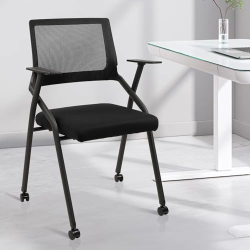 CLATINA Stackable Foldable Conference Room Chairs with Wheels, Portable Padded Office Desk Chair with Lumbar Support and Armrest for Training Room, Guest, Reception, Event, Black (8pk) CLATINA
