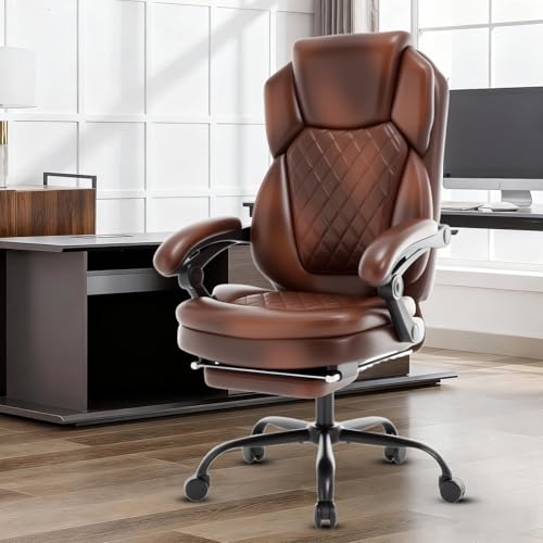 linting 400lbs Reclining Office Desk Chair with Footrest, Plus Size Comfortable Big Tall Brown Leather Recliner Office Chairs for Heavy People linting