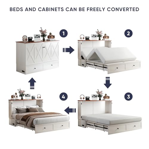 ijuicy Full Murphy Bed with Storage & Multifunctional Charging Station, Farmhouse Murphy Cabinet Bed with Foldable Panel, Space-Saving Beds for Guest Bedroom, Living Room-White & Brown, No Mattress ijuicy