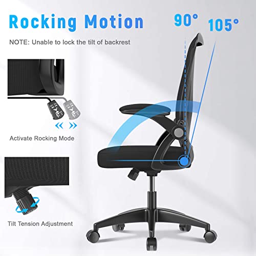 naspaluro Ergonomic Office Chair, Mid Back Desk Chairs with Adjustable Height, Swivel Chair with Flip-Up Arms and Lumbar Support, Breathable Mesh Computer Chair for Home/Study/Working, Dark Black naspaluro
