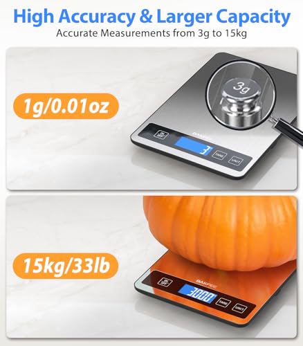 BakFee Food Scale - 15kg/33lb Digital Kitchen Scale with Full-View LCD Display, Grams and Ounces, Easy Clean Stainless Steel, 6 Units with Tare Function, Precise for Baking, Cooking & Meal Prep, Black