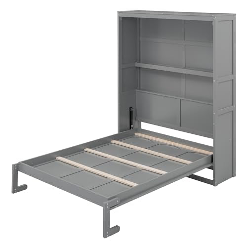 Ball & Cast Full Size Murphy Bed Wall Bed with Shelves and Mattress Holder,Wood Hideaway Cabinet Chest w/Slat Support,can be Folded,for Small Room,Dorms,Gray Ball & Cast