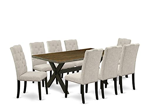 East West Furniture X677EL635-9 9-Piece Dining Set - Dinner Table Rectangular Top - 8 Beautiful Dining Chairs Padded Seat and Back (Distressed Espresso & Wire Brushed Black Finish) East West Furniture