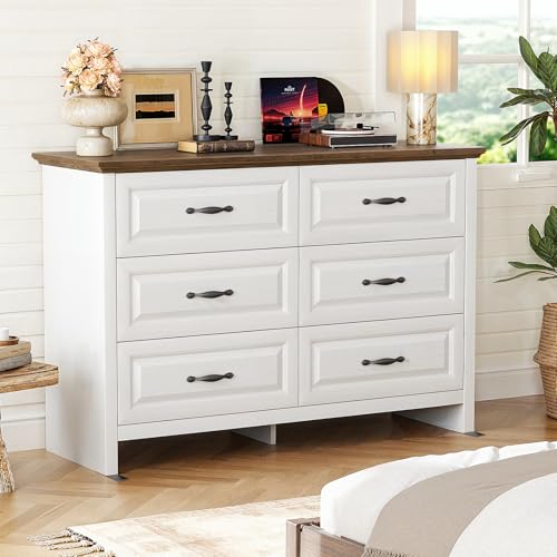 Marsail Farmhouse 6 Drawer Dresser, Wood Chest of Drawers with Natural Texture, Smooth Gliding Drawers, Versatile Storage Organizer Cabinet for Bedroom & Living Room, White and Brown Marsail