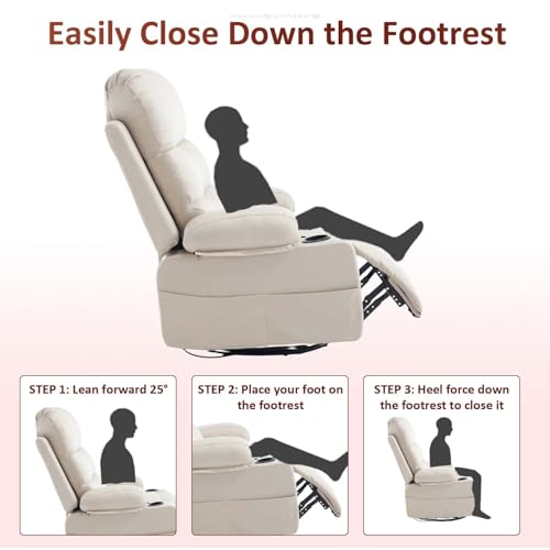 KCQ Rocker Recliner Chair with Heat and Massage, Oversized Manual Recliner Chair with Cup Holder, Faux Leather Swivel Rocking Recliner Glider Chair for Nursery, Beige KCQ
