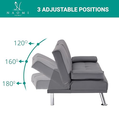 Naomi Home Transform Your Living Space with Comfort Gray Futon Sofa Bed with Armrest Cupholders Reclining Function Ideal for Cozy Living Rooms Sofa Bed Couch Metal Legs Faux Leather Naomi Home