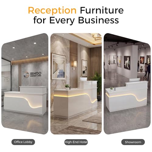 Reception Desk with LED Lights, 71" White Glossy Front Desk Counter with Lockable Drawer & Cabinet, Modern Left-Side Higher Counter with Keyboard Tray, Reception Counter for Office, Salon and Lobby