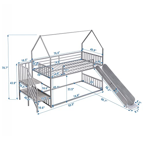 Favfurish Twin Over Twin-Size Metal Bunk Bed House-Shape-Bed with Slide and Staircase,No Box Spring Needed, Easy to Install, for Kids, Girls, Boys,Silver Favfurish