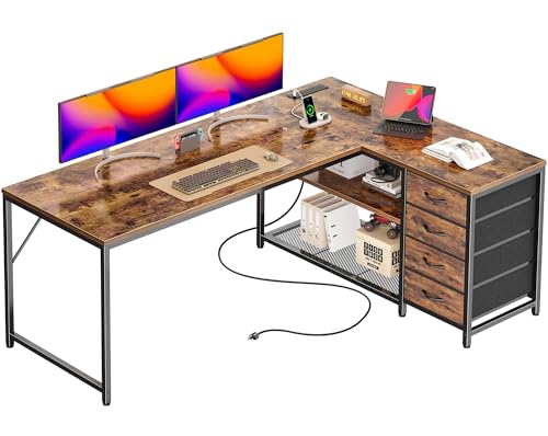 PRAISUN 61" L Shaped Desk with Power Outlets and USB-C Port, Reversible Computer Corner Office Desk with 4 Fabric Drawers and 2 Height-Adjustable Shelves, Large for Gaming Writing Study, Rustic Brown PRAISUN