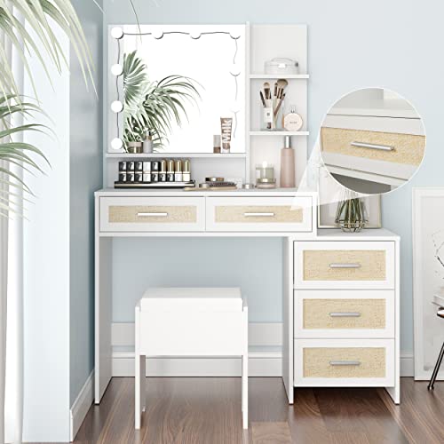 Maupvit Rattan Vanity Desk with Mirror and Lights, Boho Makeup Vanity Table Set with Nightstand, 5 Drawers & 10 Bulbs, Metal Silver Handle, 3 Open Shelves, Dressing Table with Cushioned Stool (White) Maupvit