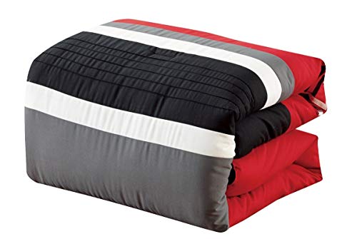 Chezmoi Collection Arden 7-Piece Modern Pleated Stripe Embroidered Zigzag Bedding Comforter Set (Full, Red/Black/Gray/Off-White) Chezmoi Collection