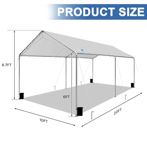 Carport Canopy 10'x20' Heavy Duty Carport, Waterproof & UV Protected Garage Top Tarp Shelter Cover with Reinforced Steel Cables, Outdoor Portable Garage for Car, Boat Tent, Light Grey SAILARY