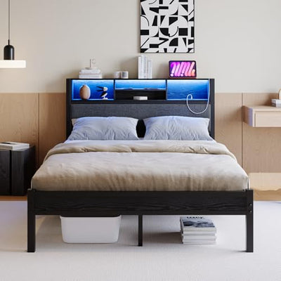 Crocofair Full Size Bed Frame with Charging Station and LED Lights,Upholstered Headboard with Storage Shelves, Metal Platform Bed Frame, Noise Free, No Box Spring Needed,Easy Assembly,Black