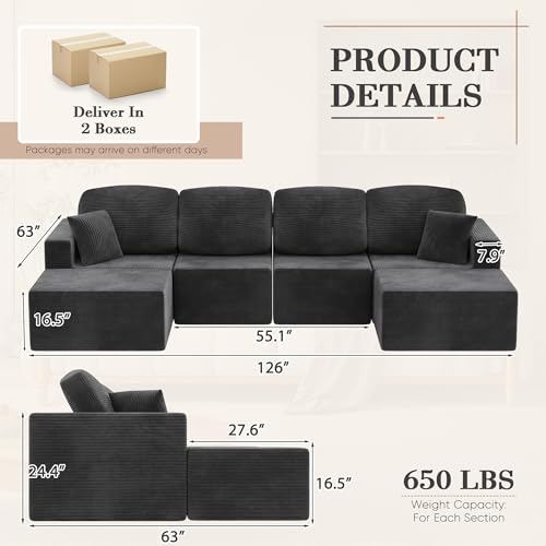 Shahoo 126" Modular Sectional Sofa, Cloud Couches for Living Room, Upholstered Boneless Couch with Ottoman, Upholstered Cloud Sofa for Bedroom (Black, U Shaped Sofa) Shahoo