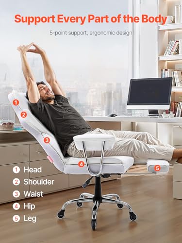 VEVOR Reclining Office Chair with Footrest, Heavy Duty PU Leather Oversize Office Chair, Big and Tall Executive Office Chairs with Lumbar Support, Strong Metal Base Quiet Wheels, White VEVOR