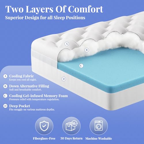 OhGeni Cooling 4 inch Dual Layer Twin Mattress Topper, 2 inch Cooling Gel Memory Foam, 2 inch Down Alternative Pillow Top Pad, Mattresses Cover for Bed, Medium Support, Fits 6”-19” Deep Pocket OhGeni