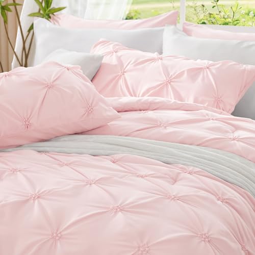 BEDELITE Baby Pink Queen Comforter Set - 3 Pieces Boho Pintuck Bedding Comforter Sets, Lightweight Soft & Warm Bed Comforter Queen with 2 Pillowcases for All Season BEDELITE