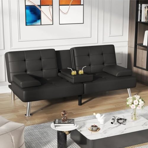 GUNJI Multi-Functional Faux Leather Futon Sofa Bed with Removable Armrests and Adjustable Sleeper Function, Double Cup Holder Design, Suitable for Living Room GUNJI