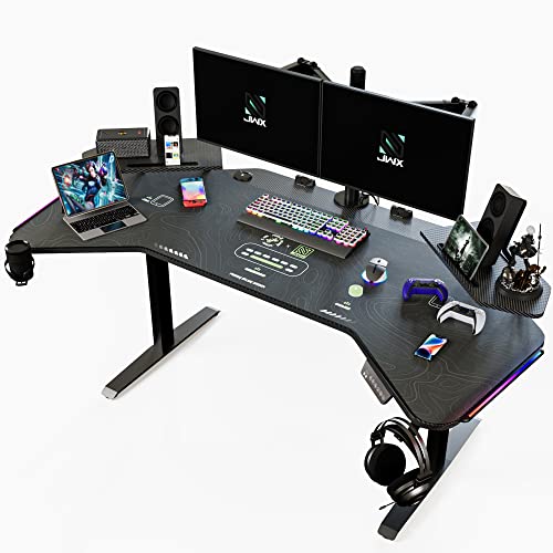JWX Standing Gaming Desk with Aluminum Alloy Led Lights, 72'' Wing Shaped Large Gaming Studio Music Desk with Slot Design Shelves, for Live Streamer, Social Media Influencer & Music Recording JWX