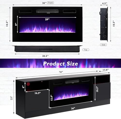 Breezestival Fireplace TV Stand with Two Hinged Doors for TVs UP to 80", Modern Electric Fireplace Entertainment Center with LED Lights & Storage Cabinets, TV Stand for Living Room 70" Black 21007BK Breezestival