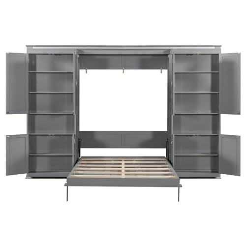 XD Designs Modern Full Murphy Bed with Dual Sliding Doors Storage Cabinets, Wood Hidden Wall Bed with Dual 6-Tier Side Shelves, Large-Capacity Space-Saving (Gray-12.9) XD Designs