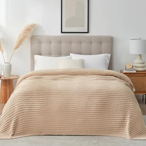 Snuggle Sac Luxury King Size Blanket for Bed, Cozy Soft Fuzzy Microfiber Knit Stripe Bedding Blankets, Beige, 108x90 inches Snuggle Sac