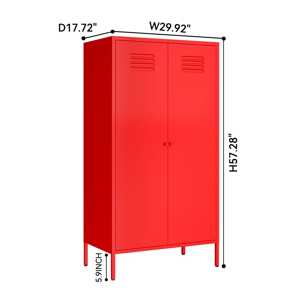LINGZOE 2 Magnetic Doors Steel Wardrobe Closet Storages Accent Cabinet with Hanging Rod and Laminate,Classified Storage Metal Tall Storage lockers Armoire with Leg for Home Bedroom(red) LINGZOE
