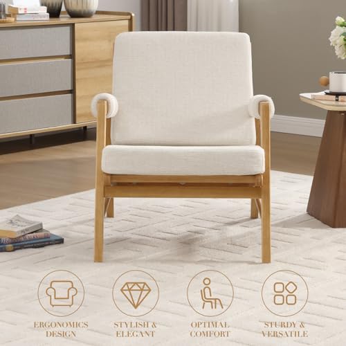 CIMOTA Mid Century Modern Accent Chair, Linen Upholstered Living Room Chairs with Arms, Comfy Reading Chair with Solid Wood Frame, High Back for Bedroom, Waiting Room, Office, Beige CIMOTA