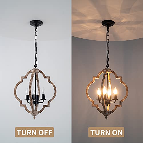 16.14" 4-Light Farmhouse Wood Chandelier, Rustic Orb Pendant Lighting Fixture with Adjustable Chain, Vintage Ceiling Hanging Lights for Foyer Entryway Dining Room Kitchen Island, Handmade Oak Finish Neechicx