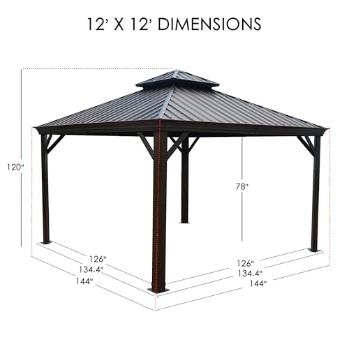 Kozyard Apollo 12’x12’ Hardtop Gazebo, Wooden Coated Aluminum Frame Canopy with Galvanized Steel Double Roof, Outdoor Permanent Metal Pavilion with Netting for Patio, Deck and Lawn (12ft x 12ft) Kozyard