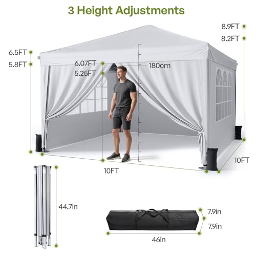 Driftalia 10x10 Pop Up Canopy with Sidewalls, Outdoor Instant Canopy Tent with Carry Bag for Commercial Events, Camping, Backyard Parties - White Driftalia