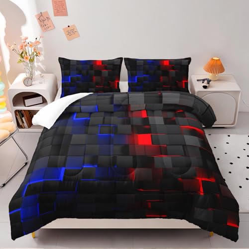 Nttopship Red and Blue Checkered Comforter Set Twin Honeycomb Bedding Sets 3PCS for Kids Teen Adult Boy Room Decor Ultra-Soft Lightweight Microfiber 1 Comforter with 2 Pillowcases Nttopship